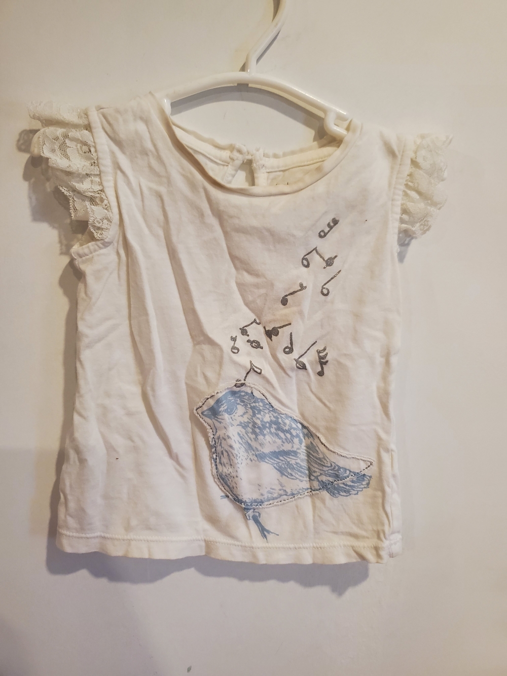 GAP Cream Tee with Blue Bird Graphic and Lace Cap Sleeves